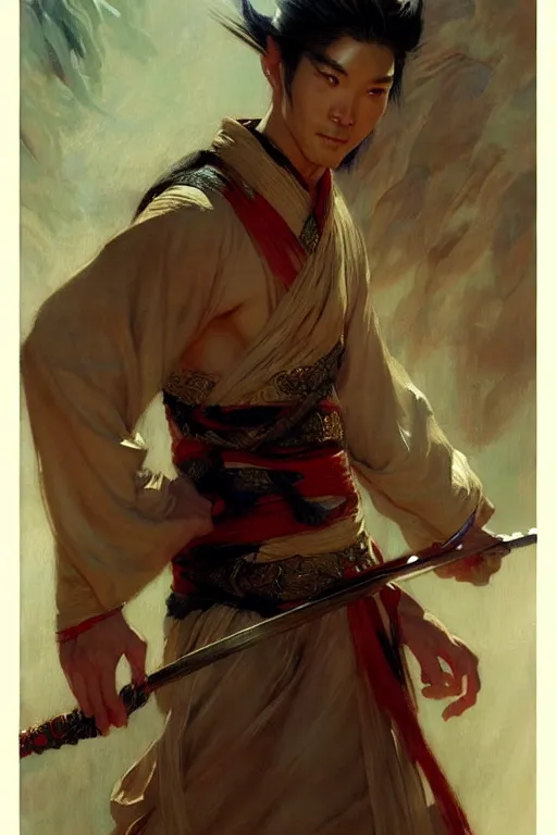 Prompt: wuxia, attractive male, character design, painting by gaston bussiere, craig mullins, j. c. leyendecker