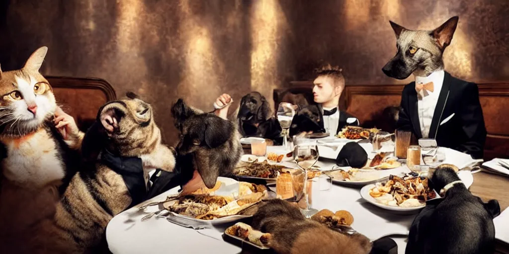 Image similar to sophisticated cats and dogs wearing suits and dresses eating dinner at a fancy restaurant, very atmospheric lighting, award winning photo, masterpiece