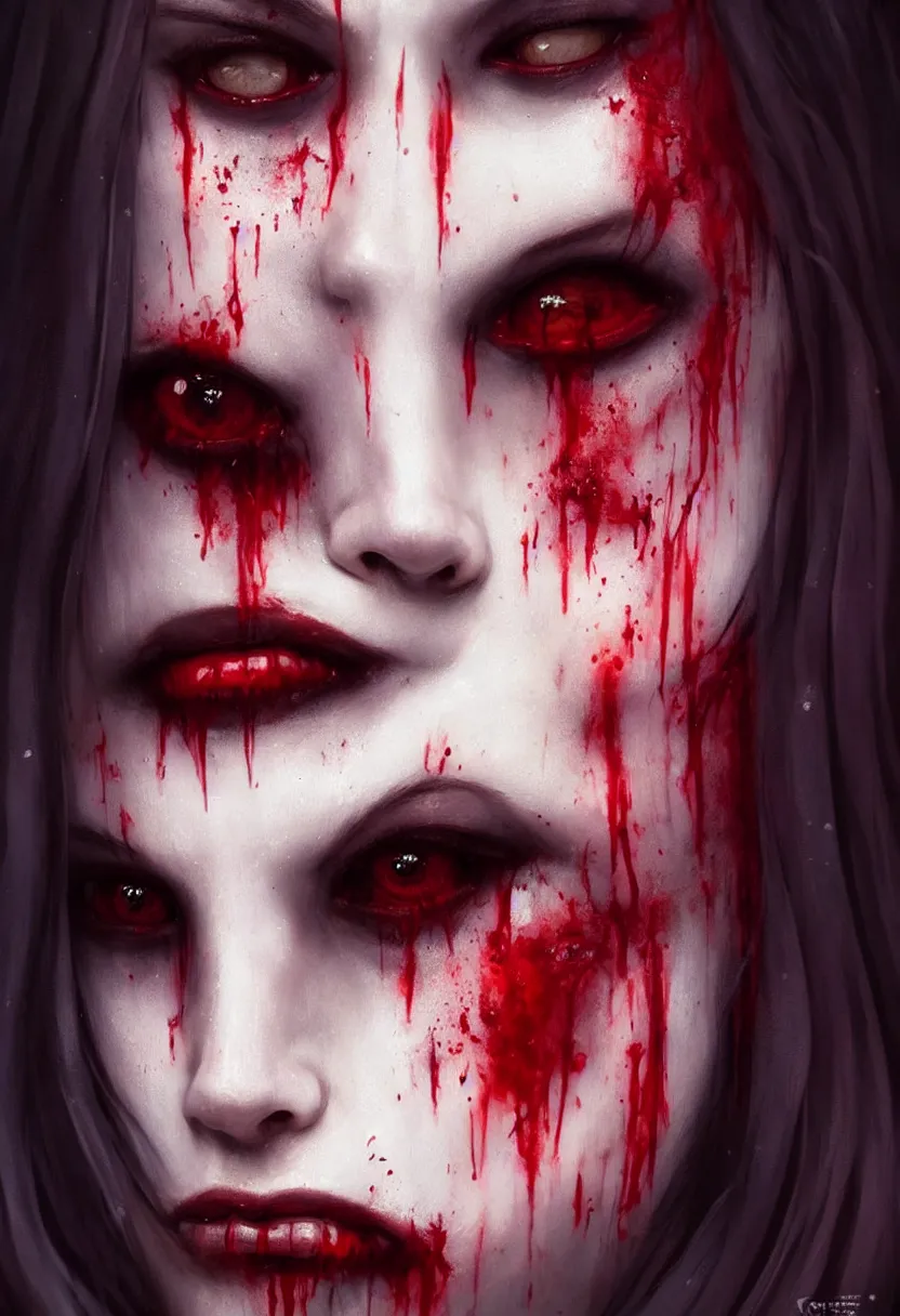 Image similar to beautiful, very extreme closeup portrait, one face, one face, one face, bloody face, vampire girl, extreme blood, vampire fangs, medieval dress. witch, makeup. unreal engine, greg rutkowski, loish, rhads, beeple, tom bagshaw, alphonse mucha, global illumination, detailed and intricate environment