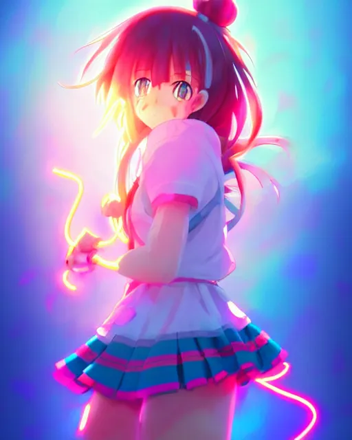 Image similar to anime style, vivid, expressive, full body, 4 k, painting, a cute magical girl with a long wavy hair wearing a sailor outfit, correct proportions, stunning, realistic light and shadow effects, neon lights, studio ghibly makoto shinkai yuji yamaguchi