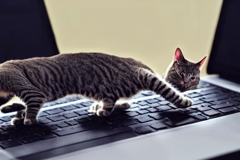 Prompt: a cat's paw stretching out to touch the keyboard from a laptop screen