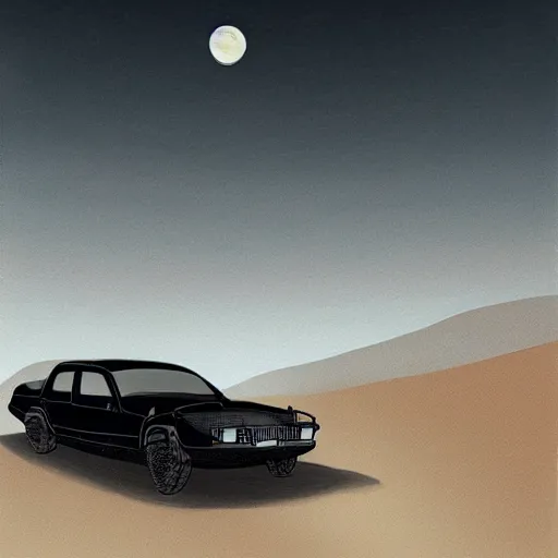 Image similar to car driving up mountain at night with moon in the sky, desert, old car, sketch, concept art, fantasy, intricate, highly detailed, digital painting, elegant