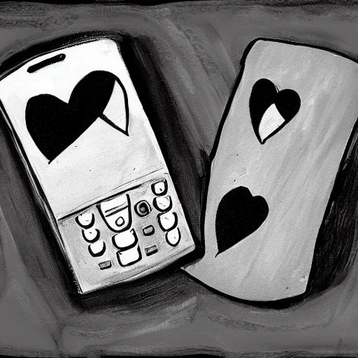 Image similar to two old phones side by side, little hearts in the air, digital art