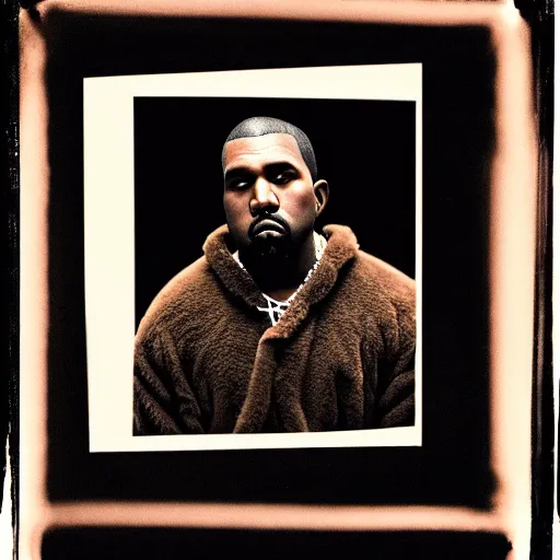 Image similar to a ( ( chiaroscuro lighting portrait ) ) of kanye west dressed as teddy bear mascot, ( ( black background ) ), portrait by julia margaret cameron, shallow depth of field, 8 0 mm, f 1. 8