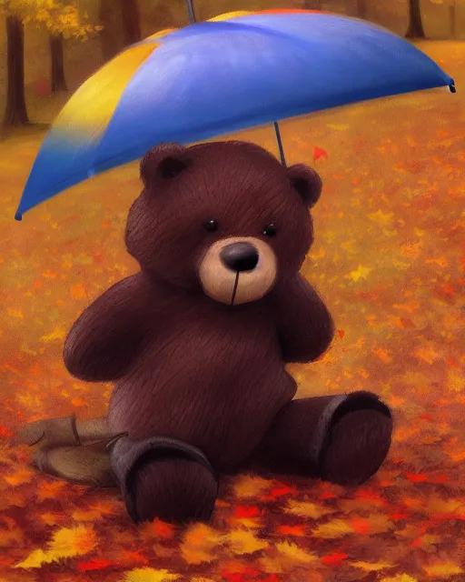 Image similar to autumn a bear with an umbrella by samuel smith trending on artstation