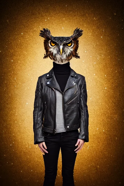 Prompt: front of owl wearing biker jacket, portrait photo, full body, backlit, studio photo, golden ratio, starry background