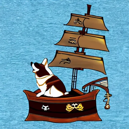 Image similar to a pirate corgi, corgi on a pirate ship in the sea