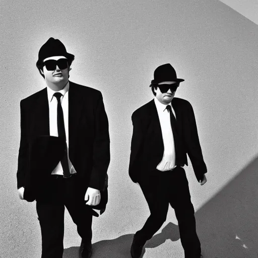 Image similar to blues brothers walking towards camera with white background. wearing suits. strong shadows. high contrast. serious look. carrying a pistol