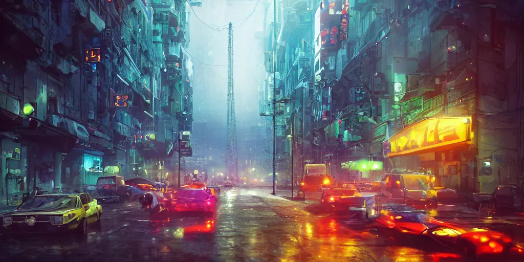 Prompt: a film still from sony pictures animation by alberto mielgo, an industrial planet city, vibrant, 5 0 mm lens, video game character and environment design, behance hd, studio, urban patrol, evening, dramatic lighting, misty and raining, cinematic, global illumination, trending on artstation, bloom