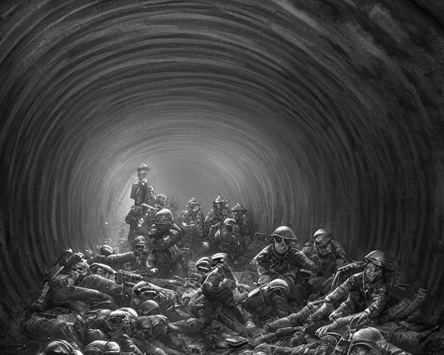 Prompt: Soldiers in despair in a world war 1 tunnel, black and white, amazing digital art, hyper detailed, artstation, in the style of Tony Sart