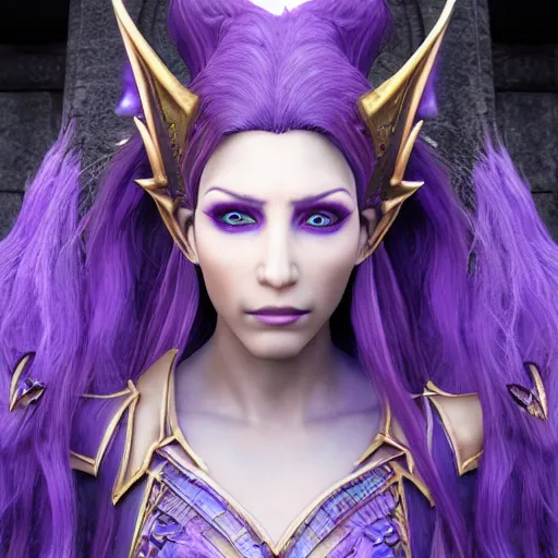 Image similar to 8k unreal engine render by Anne Stokes of a half-elf sorceress with purple hair from dungeons and dragons, beautiful, symmetrical face, wearing a tutu, a poison spell forms in her hand, in a crowded ancient Egyptian city, insanely detailed, depth of field unreal engine ultra-wide angle lens, volumetric lighting, vivid color