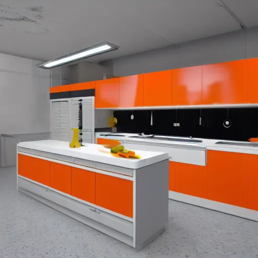 Prompt: 1970's futurist interior kitchen, furnished by aero aarino, primary colors are white, orange, yellow, and red unreal engine 8k resolution