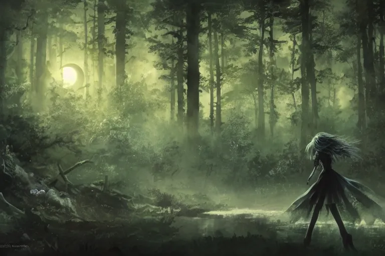 Image similar to goth woman in a moonlight view, in a forest, a river, tankoban, 4 k, tone mapping, akihiko yoshida, james jean andrei riabovitchev marc simonetti, yoshitaka amano, long hair, curly, h. hydrochaeri
