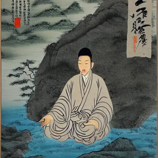 Prompt: lao tzu meditates beside a river, traditional chinese painting,