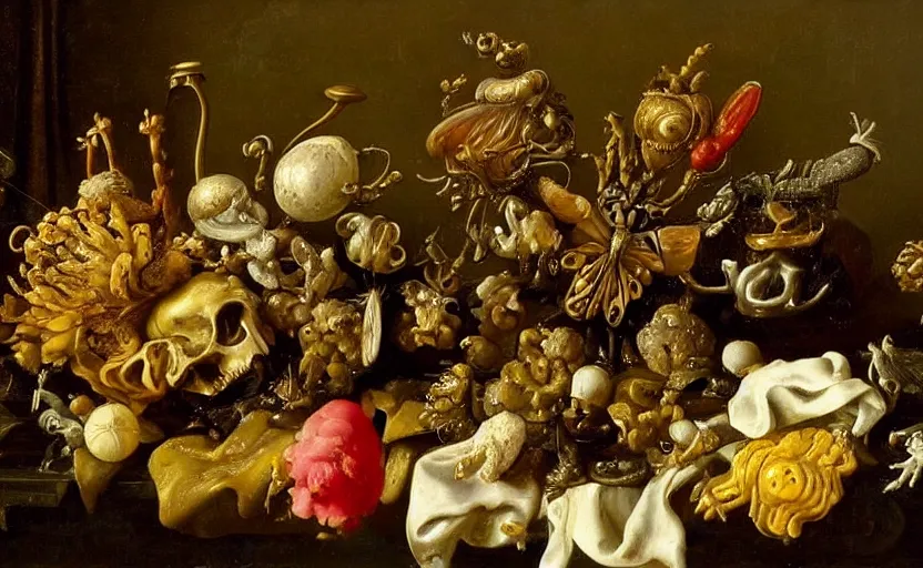 Prompt: distuebing dutch golden age vanitas still life with bizarre objects strange gooey surfaces siny metal bizarre insects rachel ruysch very detaild perfect composition rule of thirds