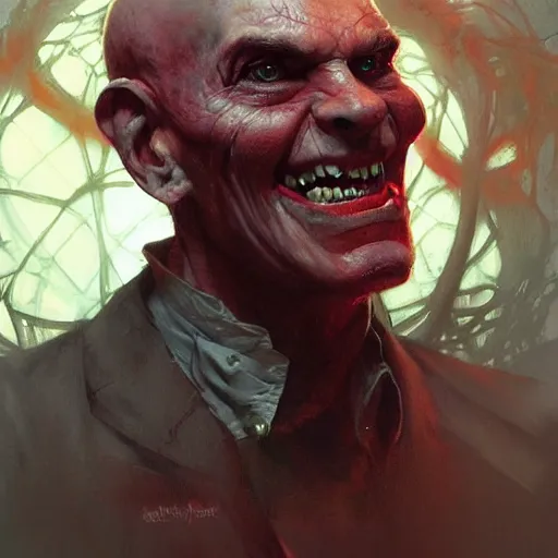 Prompt: portrait of a red bald man with black eyes and a black smile, horror, glowing eyes, by Stanley Artgerm Lau , greg rutkowski, thomas kindkade, alphonse mucha, loish, norman rockwell. Trending on artstation detailed illustration hd 4k