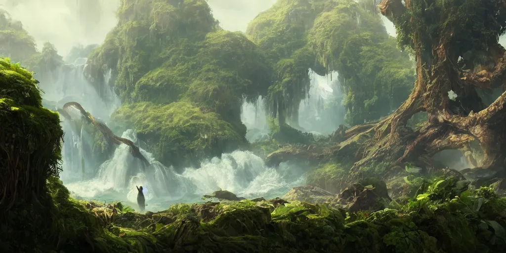 Image similar to Fantasy overgrown world , planet, giant whale floating, waterfalls, ancient tree, Greg Rutkowski, Frank Frazetta, Kim Jung Gi, trending on Artstation, 8K, ultra wide angle, pincushion lens effect.