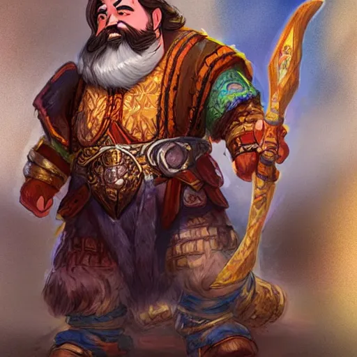 Image similar to dwarven male bard in a tavern, d & d style, trending on artstation, colorful, intricate, art by kev chan