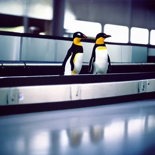 Prompt: two penguins in airport baggage claim area. conveyor belt. ektachrome,