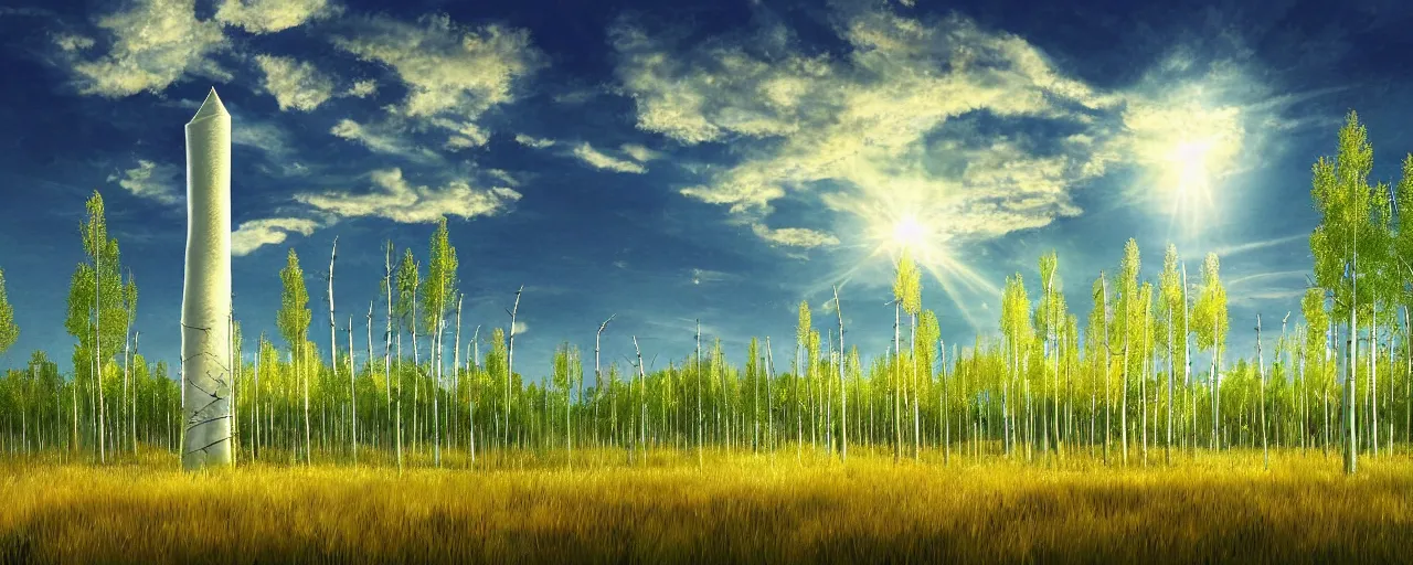 Prompt: tall white cylindrical tower in the centre of an open green grass field dotted with aspen trees, sun, by james mccarthy, digital art, high detail, post processing, high fantasy, concept art, soft lighting