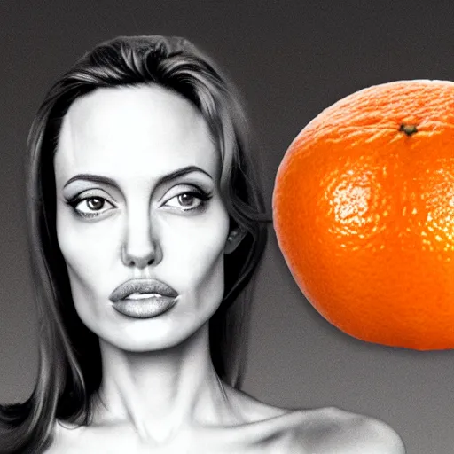 Image similar to an orange with the face of angelina jolie