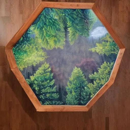 Image similar to a beautiful painting of a forest top down view on a hexagon chit