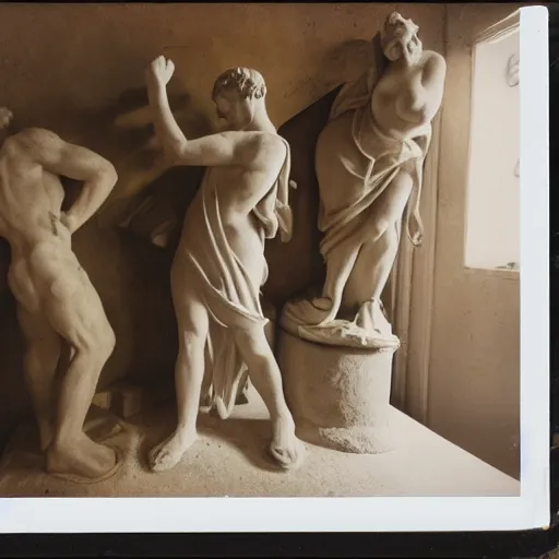 Prompt: polaroide photo inside of a greek sculpture atelier with artists working, award winning photo, color