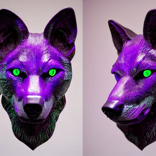 Image similar to portrait photography of a emerald wolf sculpture with glowing purple eyes