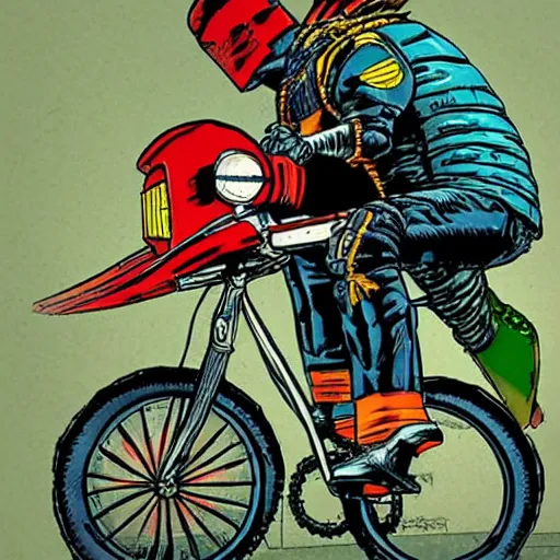 Prompt: judge dredd riding a bicycle in style of moebius