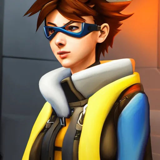 Prompt: digital painting of tracer overwatch wearing leather collar, standing in city area, 4 k, realistic,