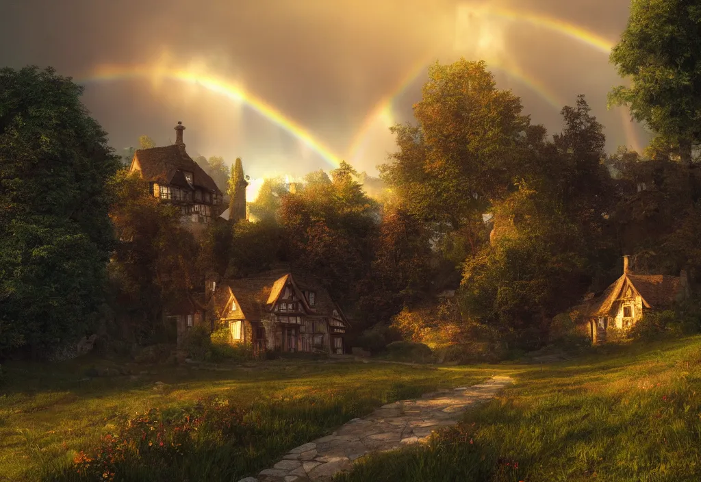 Image similar to a tudor house on a hillside, a gravel path leading towards it, well lit sky, sun shower, rainbow, cinematic view, detailed architecture, concept art, high detail, well lit, volumetric, godrays, vivid, trending on artstation,