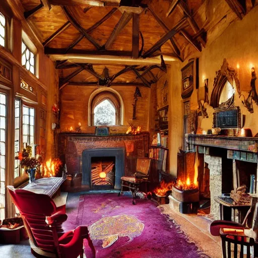 Image similar to A photograph of the Gryffindor common room, cozy arm chairs, a fire burning in the hearth, high ceilings, lit by many candles, light rays