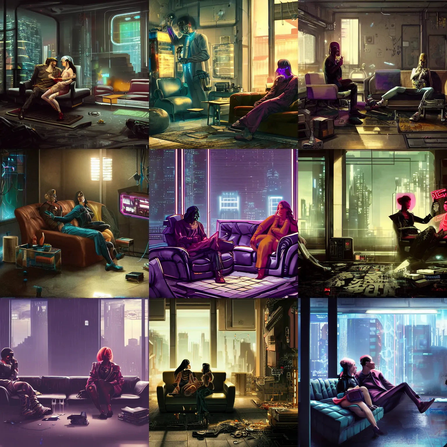 Prompt: scene of a cyberpunk scifi with a man and a woman talking in a heavily decorated living room. the man sit on a sofa and the woman on a small chair. in the style of neorealism