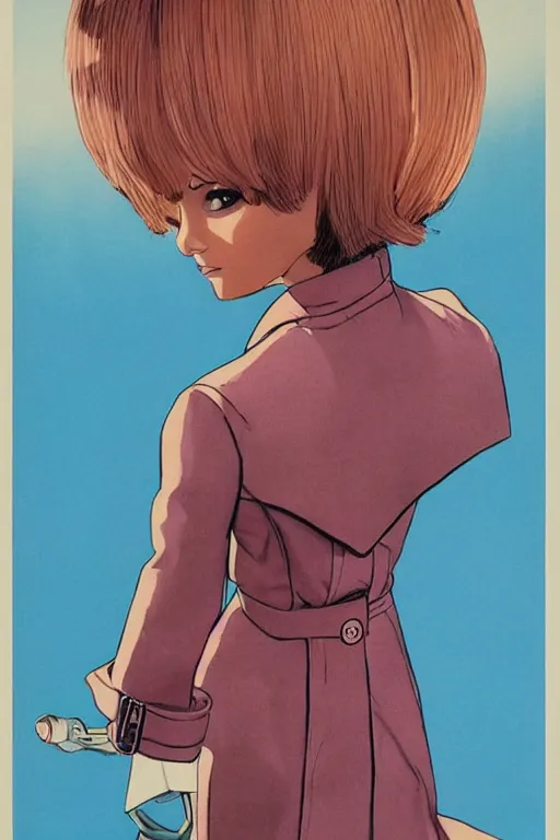 Prompt: A beautiful sky girl with a very stylish trenchcoat by Moebius, bob cut hair, movie poster