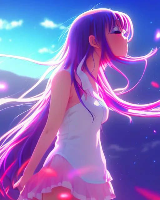 Image similar to anime style, vivid, expressive, full body, 4 k, a cute girl with white skin and long pink wavy hair singing a song, heavenly, stunning, realistic light and shadow effects, happy, centered, landscape shot, happy, simple background, studio ghibly makoto shinkai yuji yamaguchi