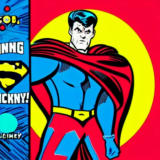 Image similar to a comic book super hero who is just really good at pinball and throws pinball machines he has a long cape his left hand is missing and instead is a launcher from a pinball machine, 4k, highly detailed, heroic pose, graphic novel, bright colors, dark lines