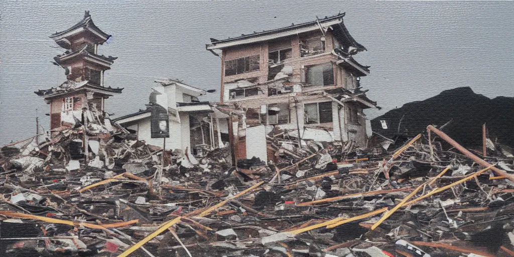 Prompt: the march 2 0 1 1 tohoku earthquake and ensuing tsunami in sendai northeastern japan, oil painting, polaroid, screenshot, photo