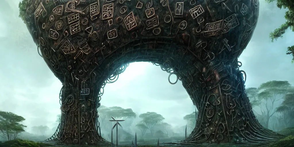 Prompt: a colossal chrome gate inscribed with runes, opens up to a wide passage of jungles, retrofuturistic, science fantasy, rusted, fungal polyps, salt dunes, mutant, lgbt, queer, rpg, epic, dungeons & dragons, sacred, sharp focus, award - winning, extremely detailed, 4 k, 8 k