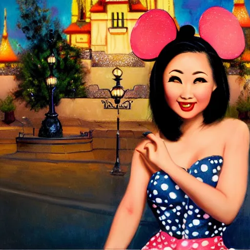 Prompt: beautiful bald asian woman with pinup makeup wearing disneyland mouse ears standing in front of the disneyland castle at night, oil painting, highly detailed, theatrical lighting, sharp focus