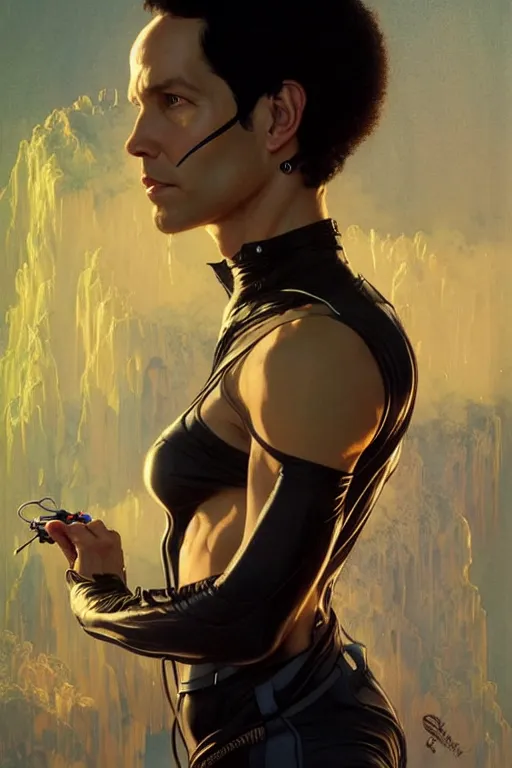 Image similar to Paul rudd as aeon flux profile picture by Greg Rutkowski, dynamic pose, afro futurism, intricate, futuristic, fantasy, elegant, by Stanley Artgerm Lau, greg rutkowski, thomas kindkade, alphonse mucha, loish, norman Rockwell,