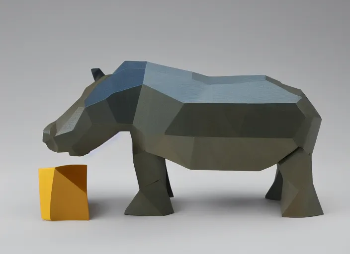 Image similar to a minimalist curvy shaped sculpture of hippopotamus! baby, bottom made half wood, top half blue translucid resin epoxy, cubic blocks stripes cuts, side view profile centered, studio, design, object