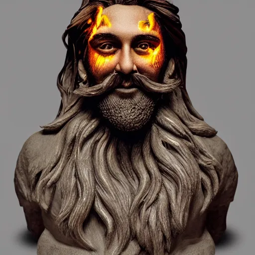 Image similar to a flawless, purely fire sculpture of a man with long hair, with trimmed beard, smiling widely. sculpture made of fire, extremely detailed, award-winning art, trending on Artstation