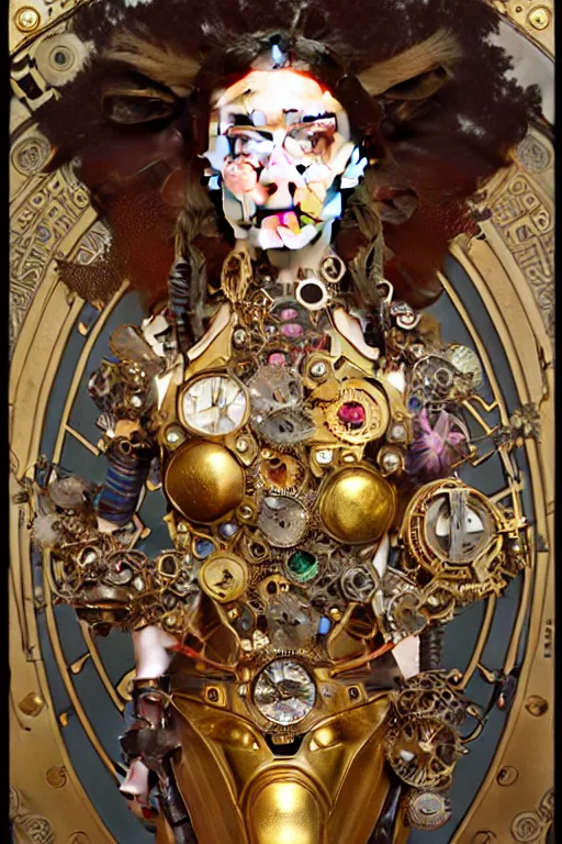 Prompt: beautiful portrait of a steampunk girl wearing a detailed armour of multicolored jewels with gold bugs and beetles , huge mechanical clocks, gold plated vegetation, intricate details, realistic shaded , steampunk, cyberpunk, highly detailed, artstation, illustration by alphonse mucha and Greg Rutkowski, art nouveau