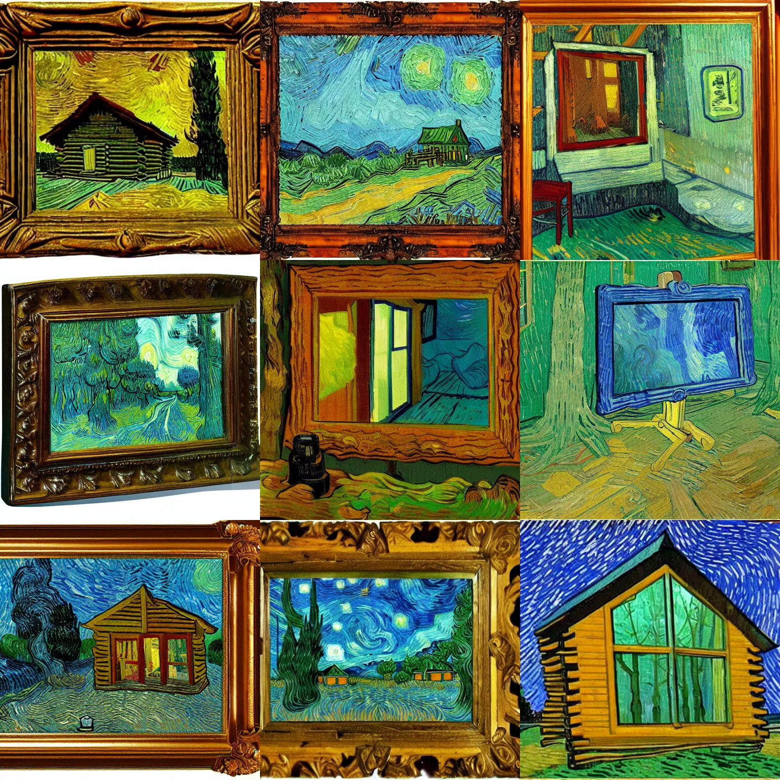 Prompt: [ a log cabin in the forest ] [ van gogh ] [ mirror ]