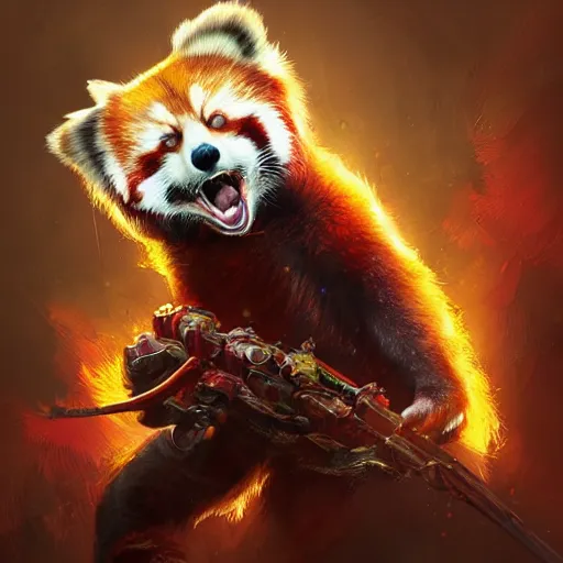 Prompt: red panda as warhammer character, digital illustration portrait design, by android jones and greg rutkowski, retrowave color scheme, detailed, cinematic lighting, wide angle action dynamic portrait