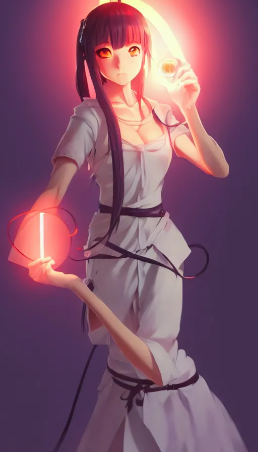 Image similar to beautiful anime girl holding a light source inside her hand, wearing samurai armor, expert high detail concept art, character design, perfect proportions defined faces, vivid colors, photorealistic shaded lighting poster ilya kuvshinov, katsuhiro, makoto shinkai, wlop, loish and clamp style, trending on artstation, best selling artist