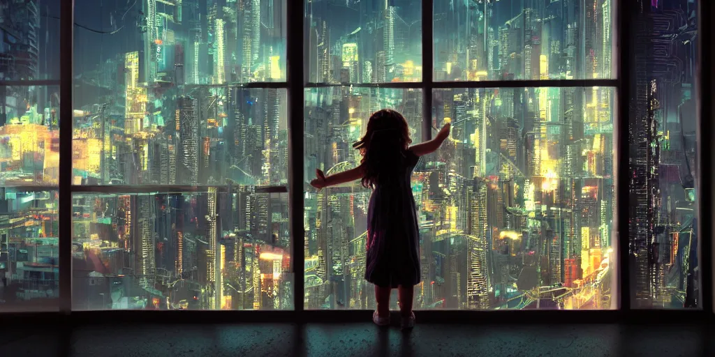 Image similar to overlooking on night city cyberpunk from floor to ceiling window, little girl, beautiful hair at the back, looking out the window, liminal, cinematic, dreamscape