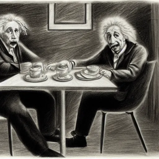 Image similar to Einstein and Newton sitting at cafe, pencil drawing, ultra detailed