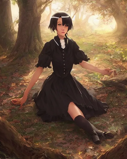 Image similar to a victorian maid with black bob hairstyle sitting under a tree. in a forest. detailed face. coherent. by makoto shinkai, stanley artgerm lau, wlop, rossdraws, james jean, andrei riabovitchev, marc simonetti, krenz cushart, sakimichan, trending on artstation, digital art.