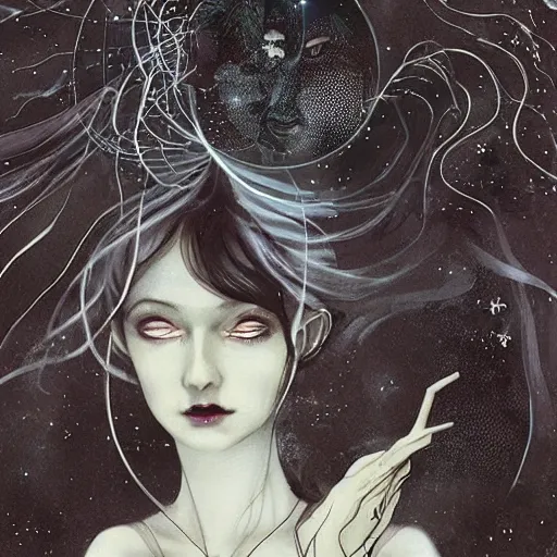 Image similar to A experimental art. A rip in spacetime. Did this device in his hand open a portal to another dimension or reality?! dark black by Anna Dittmann, by Edmund Dulac haunting